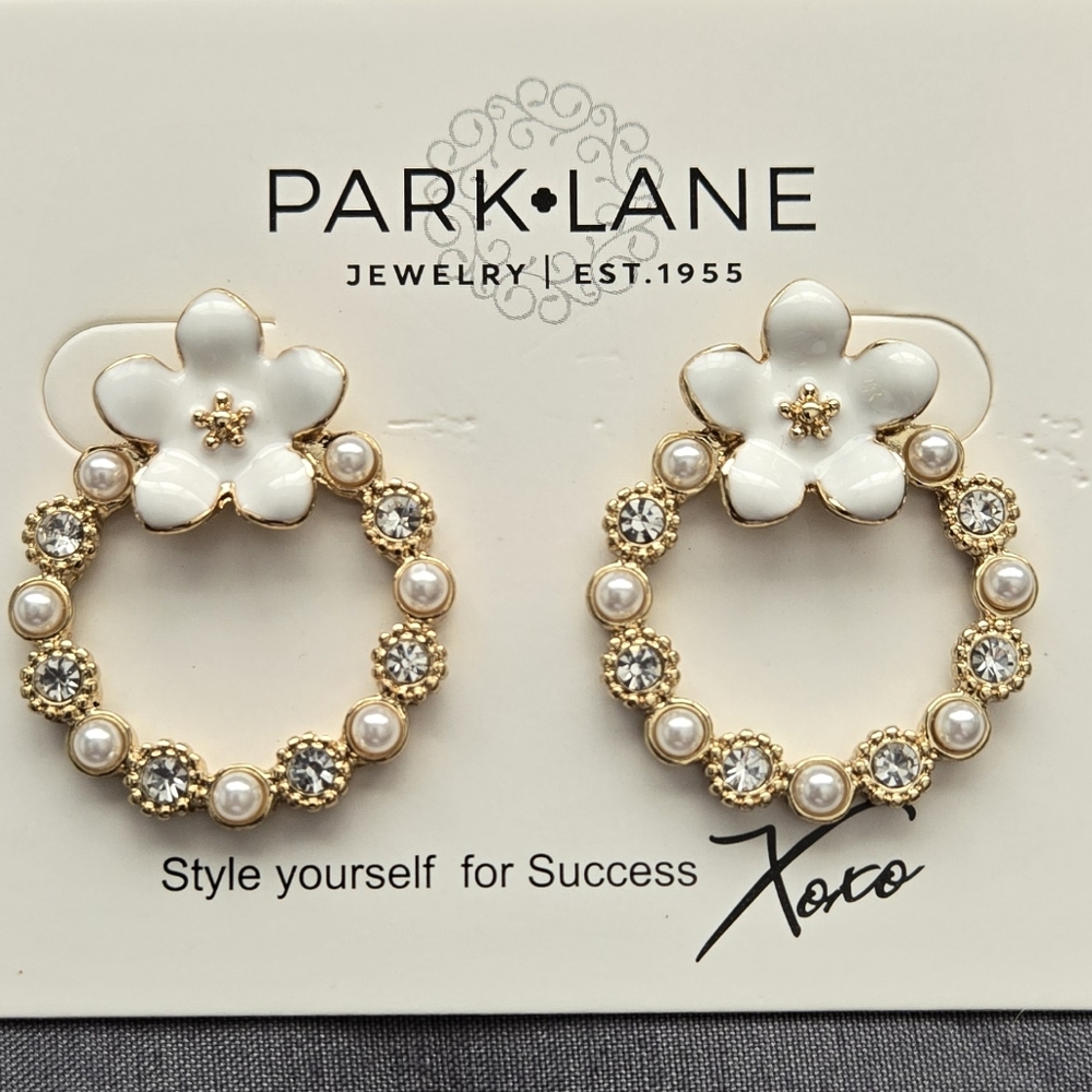 Park Lane Gold and White Pearl Floral Earrings
